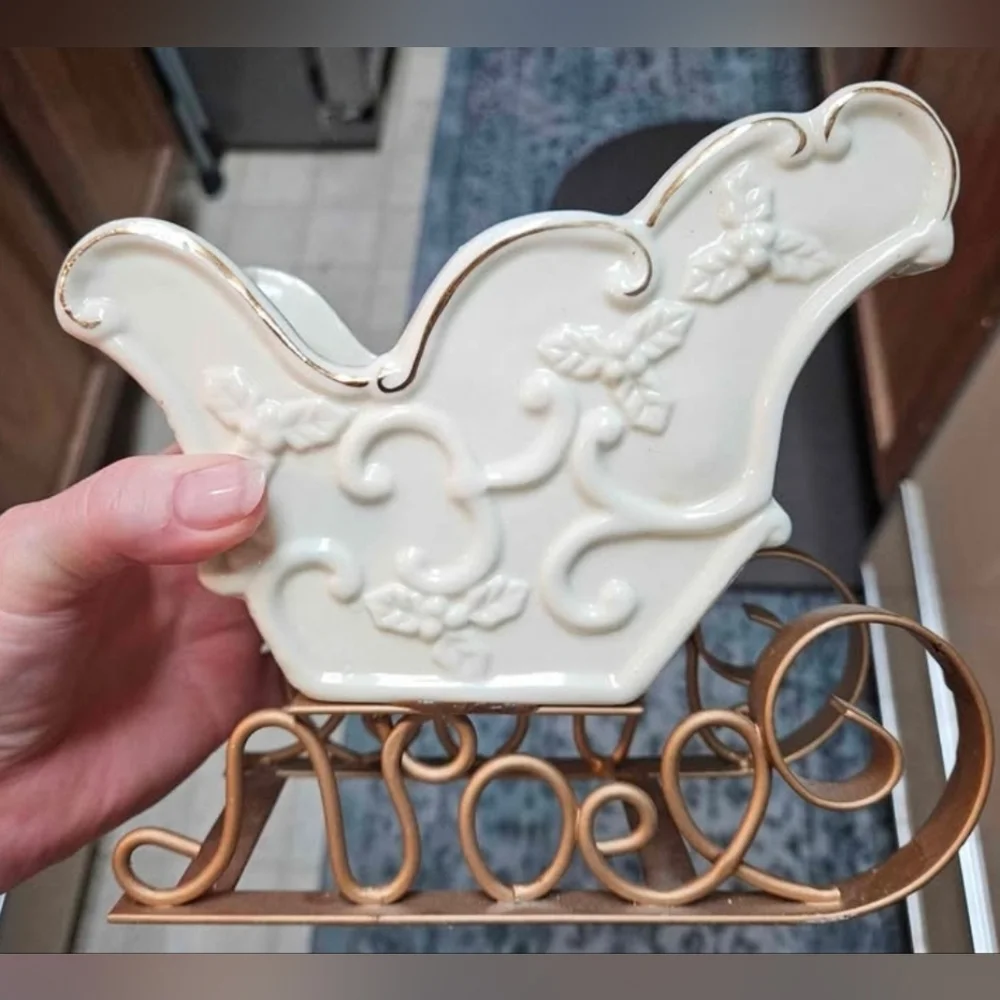 Heavy White Porcelain Christmas Sleigh Spells Noel at Bottom